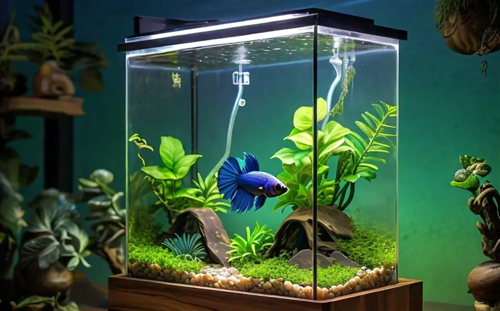 blue betta with live plants in the tank