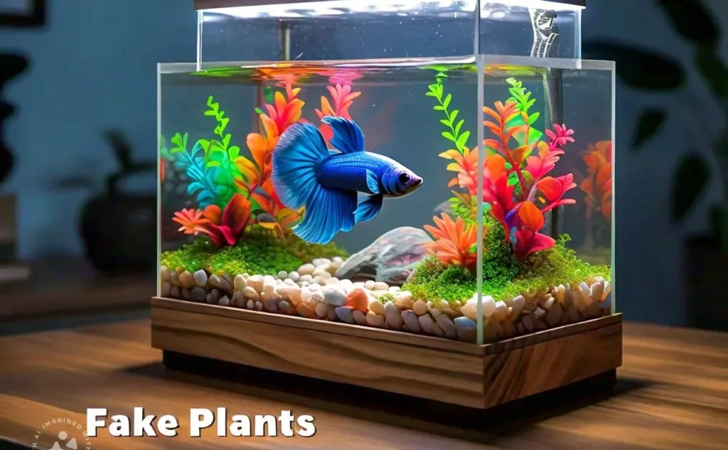 Fake plants and blue betta fish in the tank