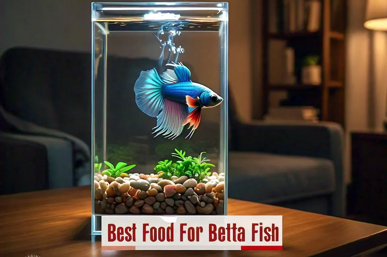 Text Best Food for Betta Fish with blue betta fish in the tank