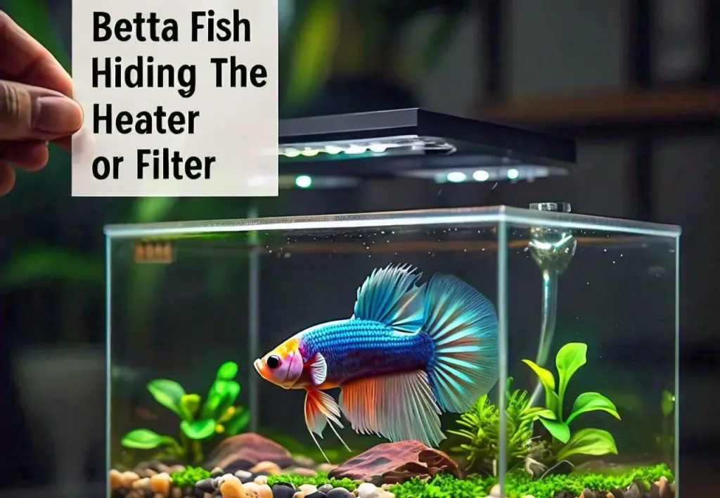 Betta Fish Hiding by The Heater or Filter-text-with-blue-betta-in-the-tank