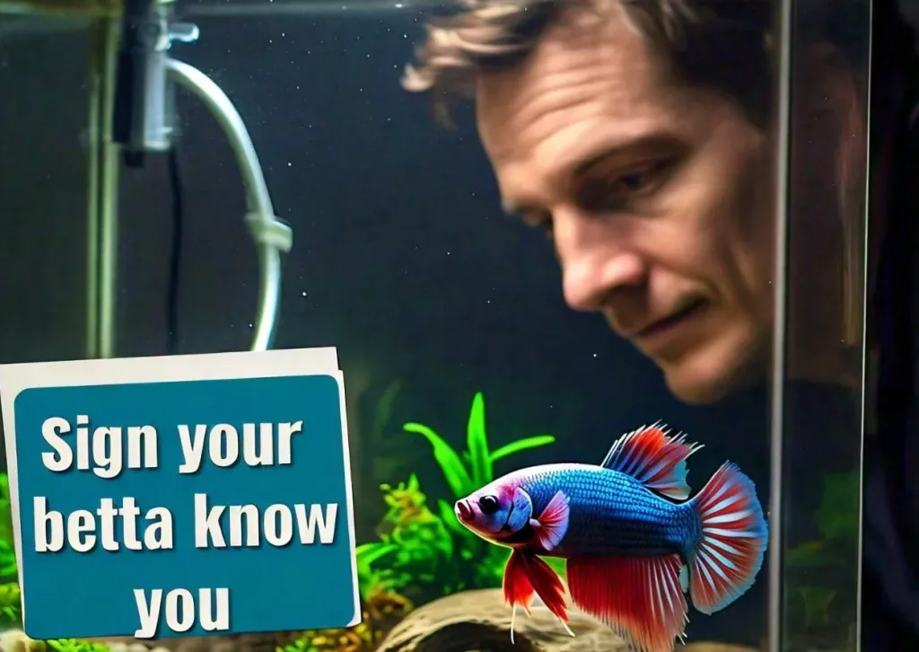 blue betta with :sign your betta know you" text