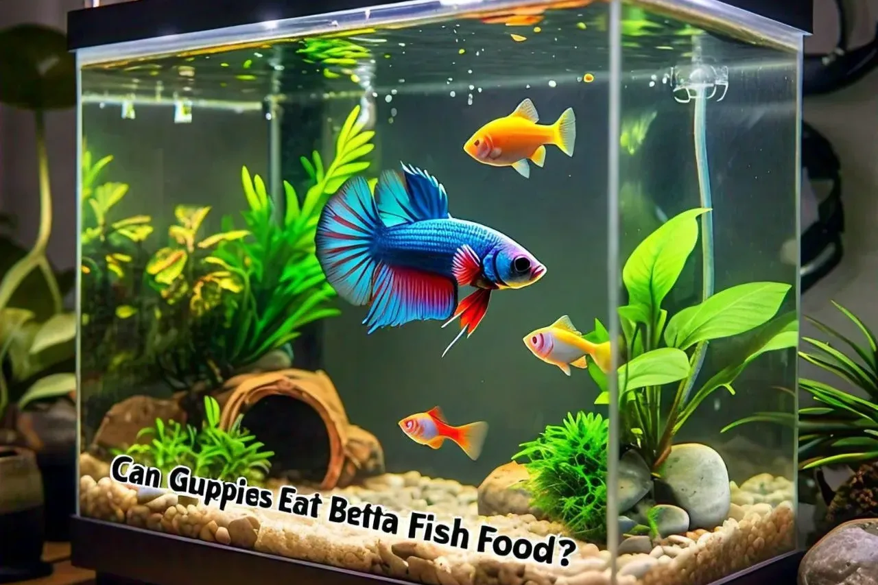 Can Guppies Eat Betta Fish Food? text with blue betta and some guppies in tank