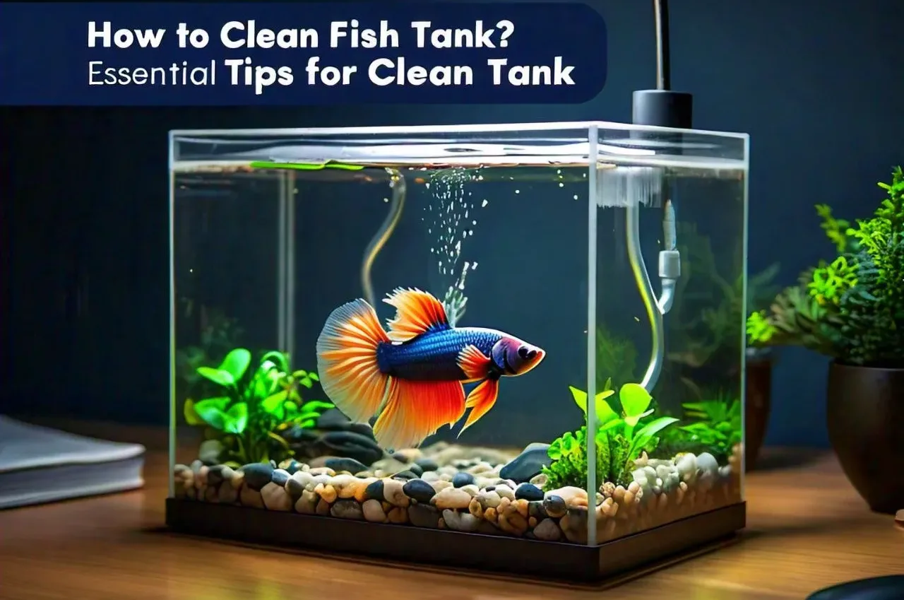 How to Clean Betta Fish Tank? Essential Tips for Clean Tank text with blue betta in tank