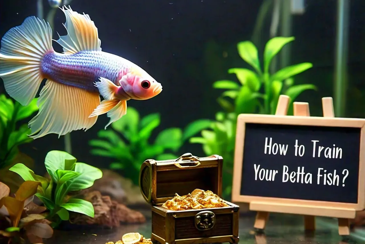 How to Train Your Betta Fish? text with lite pink betta in water with plants