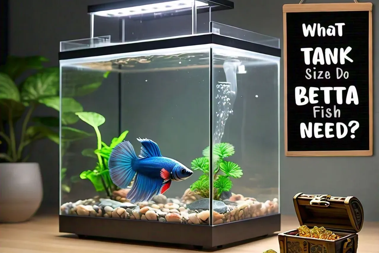 What Tank Size Do Betta Fish Need text with blue betta in tank