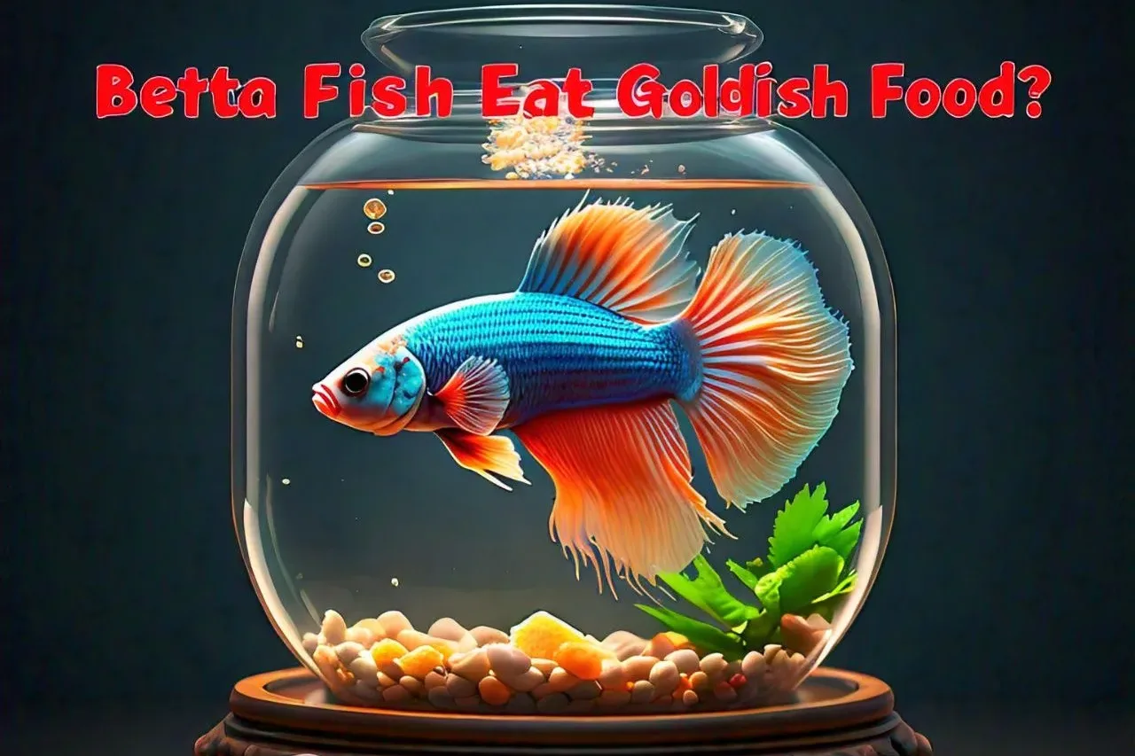 Can a Betta Fish Eat Goldfish Food? text with blue betta in wate rbowl