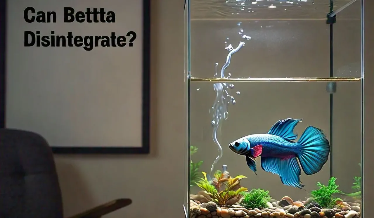 text Can Betta Fish Disintegrate? with blue betta in the tank